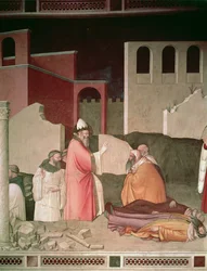 Saint Sylvestre ressuscitant deux Romains morts, détail de la chapelle Bardi, vers 1340